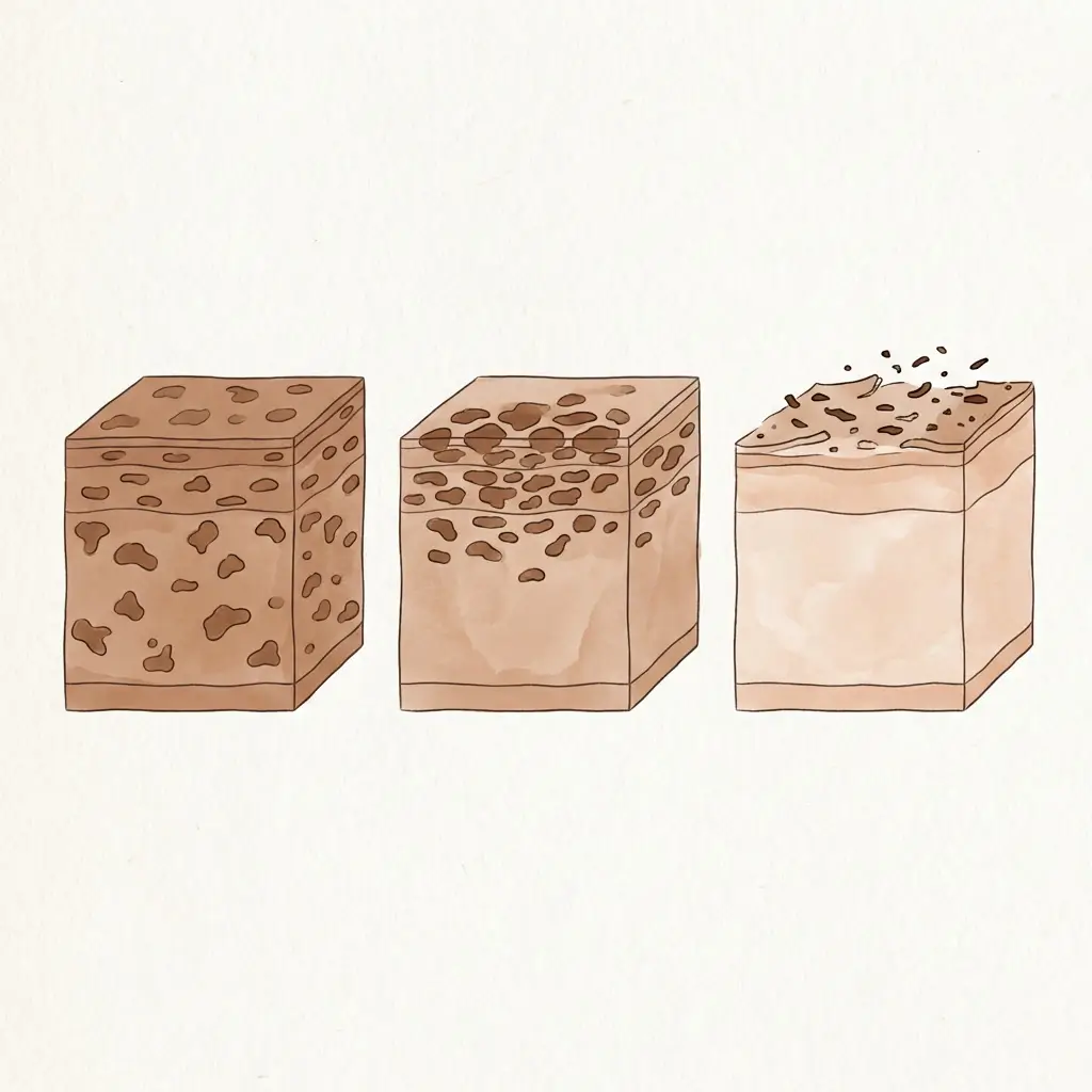 Three-stage skin cross-section showing pigment distributed deep, then concentrated at the surface, then shedding