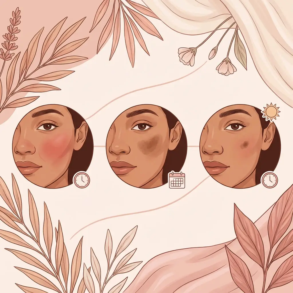 Three-stage view of a cheek showing redness, temporary darkening, and persistent post-procedure pigment