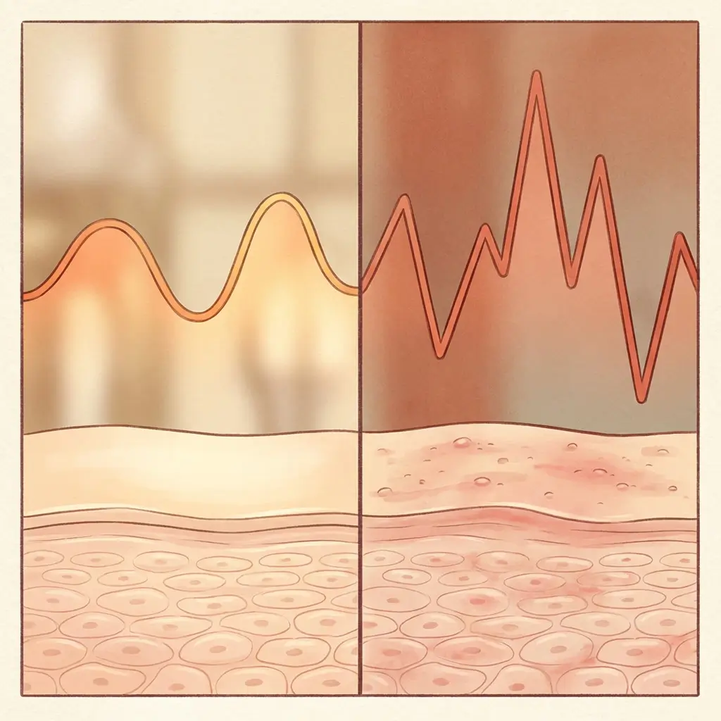 Two contrasting blood sugar curves, one smooth and one jagged, with corresponding calm and inflamed skin representations below
