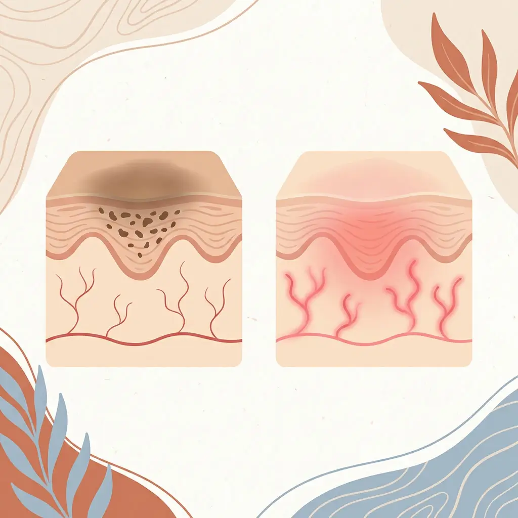 Two skin cross-sections comparing a melanin-driven PIH mark with a vascular PIE mark