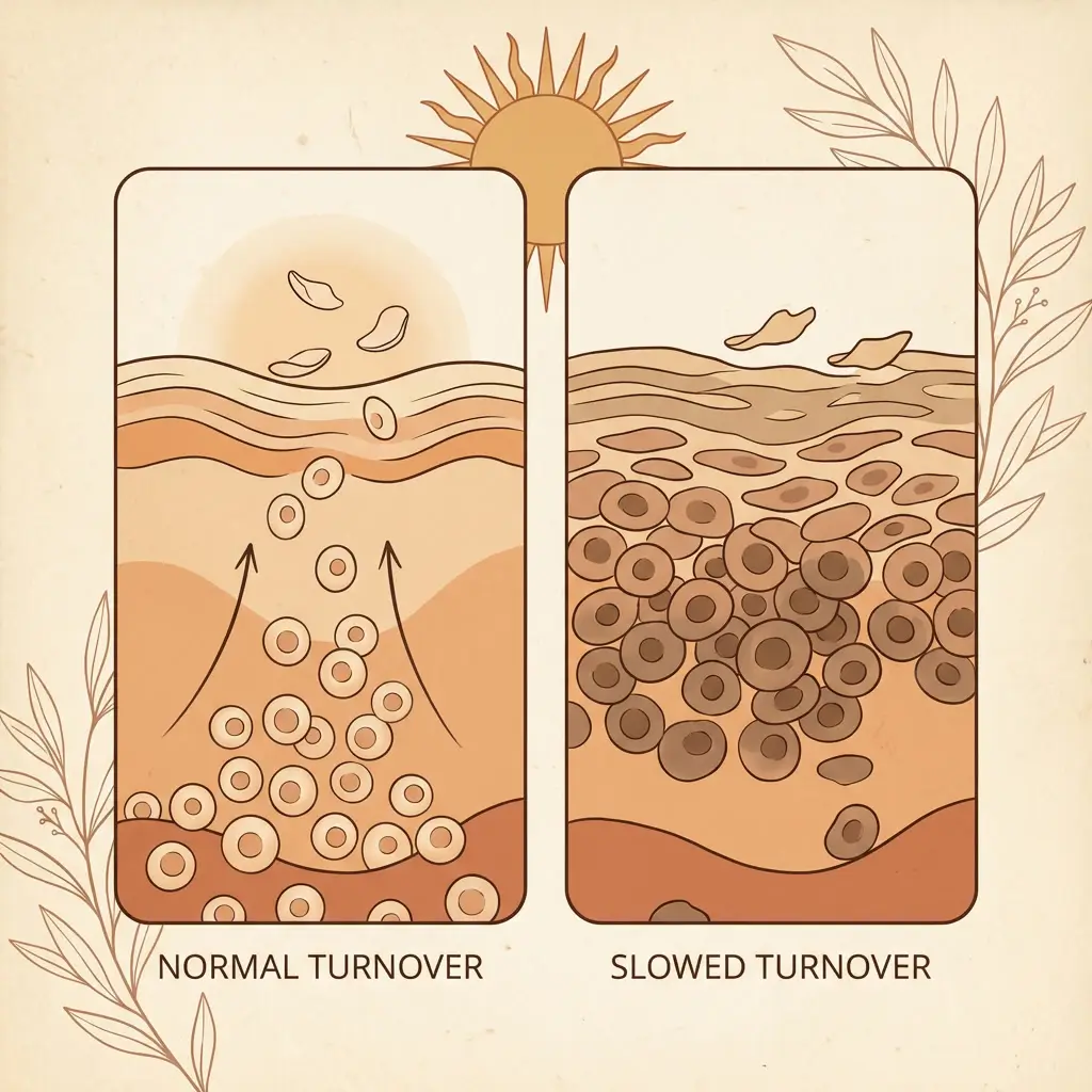 Two skin cross-sections comparing normal pigment clearance with slowed clearance under chronic stress.