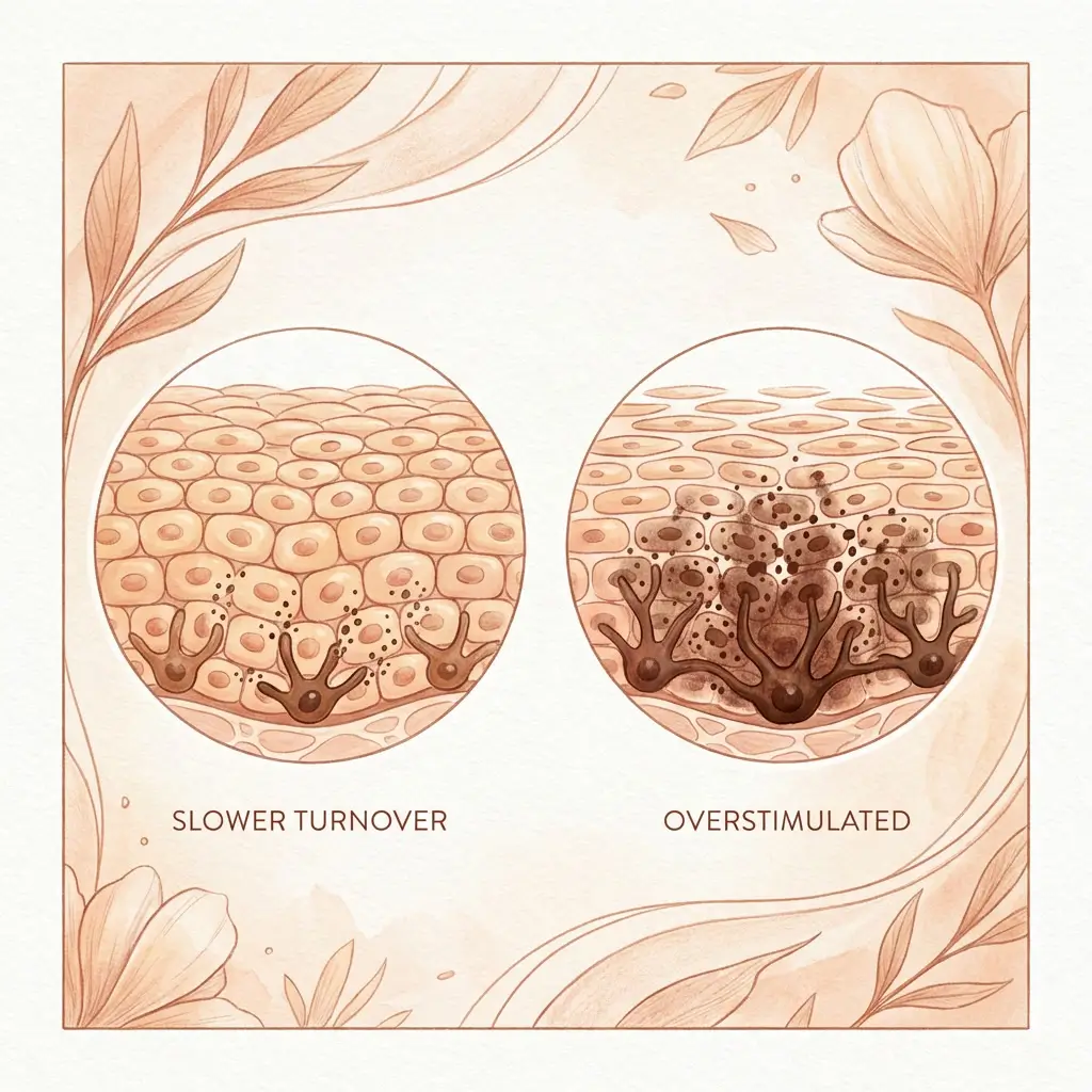Two skin cross-sections comparing the pigment effects of slowed turnover versus melanocyte overstimulation