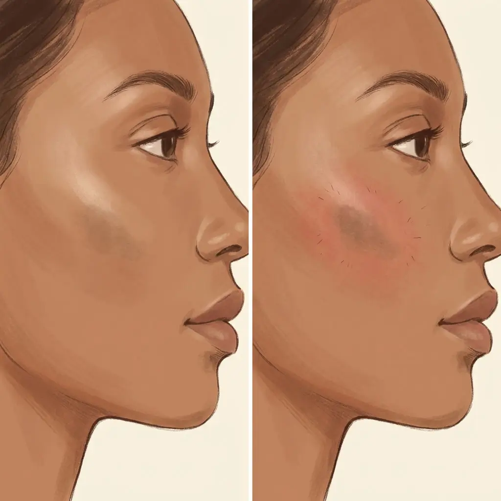 Two views of a pigmented patch, one with calm surrounding skin, one with visible irritation and redness
