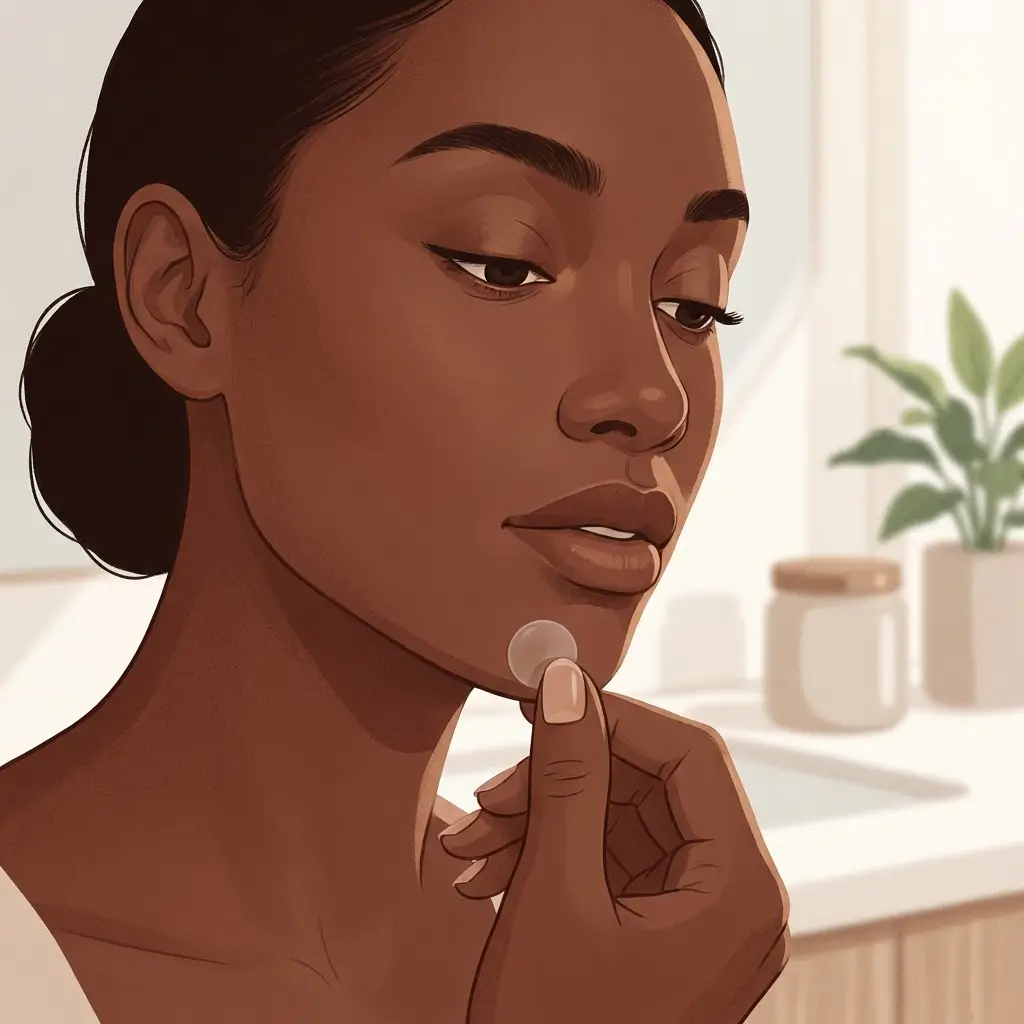 Woman applying a hydrocolloid patch to her chin