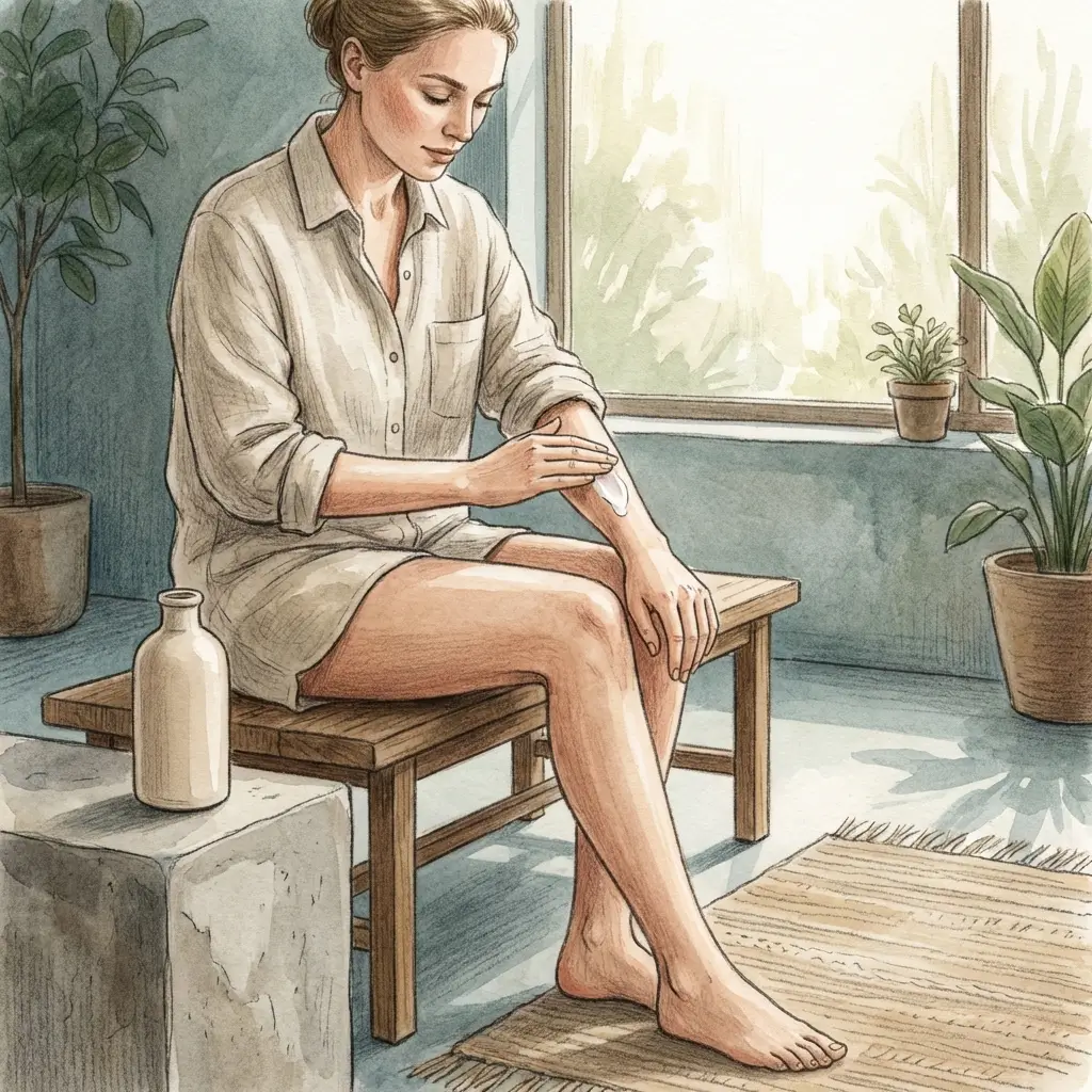Woman applying a plain moisturiser to her arm in calm, deliberate motion.