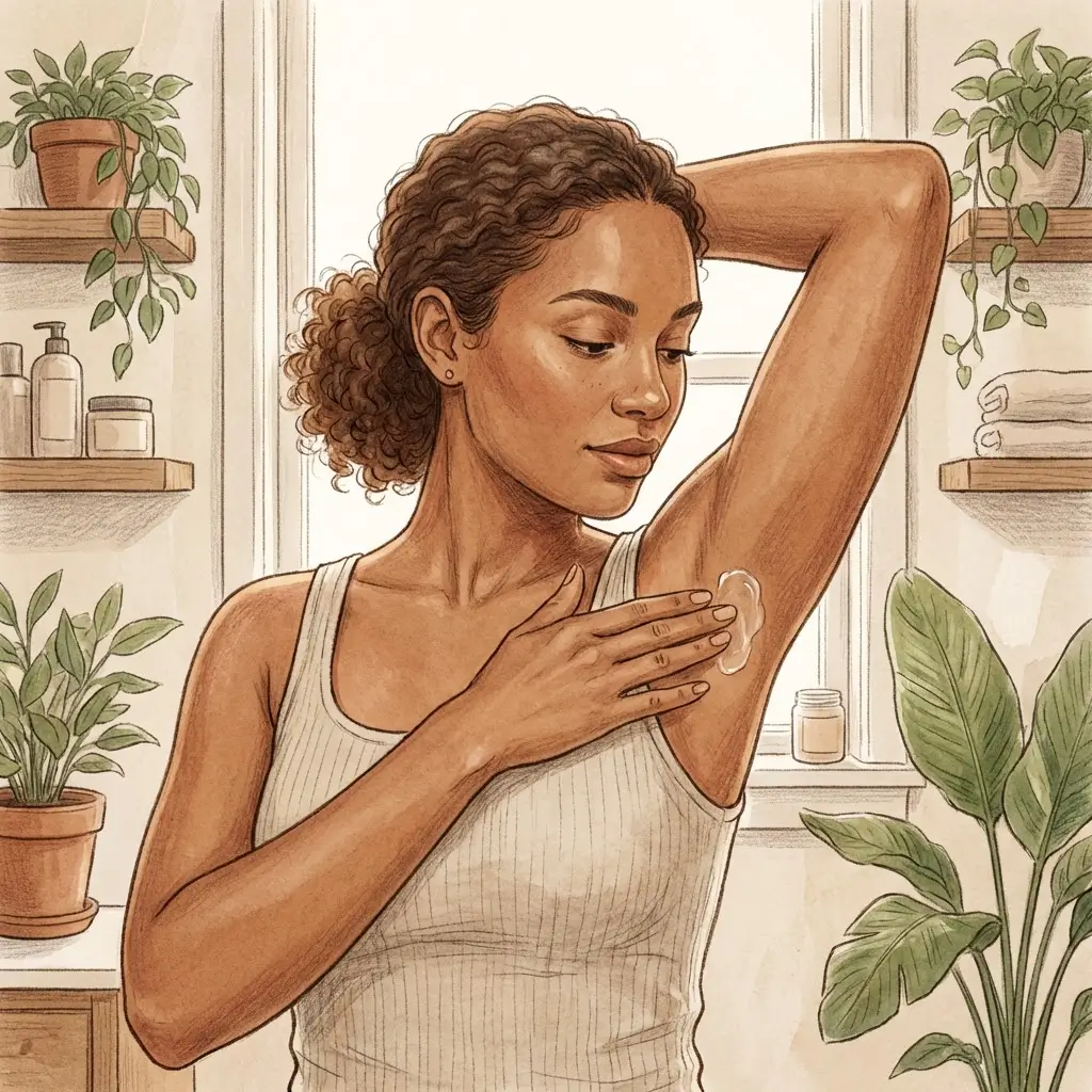 Woman applying a soothing product to her underarm after hair removal PlacementWoman applying a soothing product to her underarm after hair removal Placement