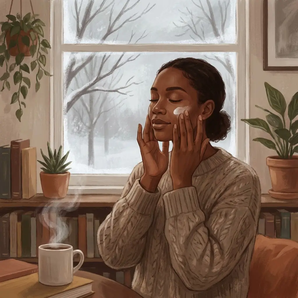 Woman applying moisturiser indoors on a cold winter day 