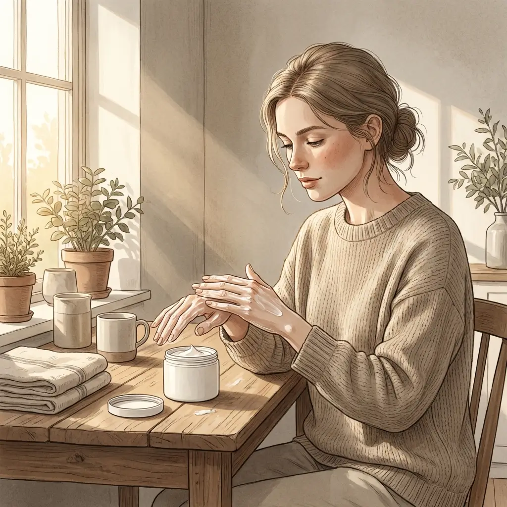 Woman applying moisturiser to her hands with calm, careful attention.