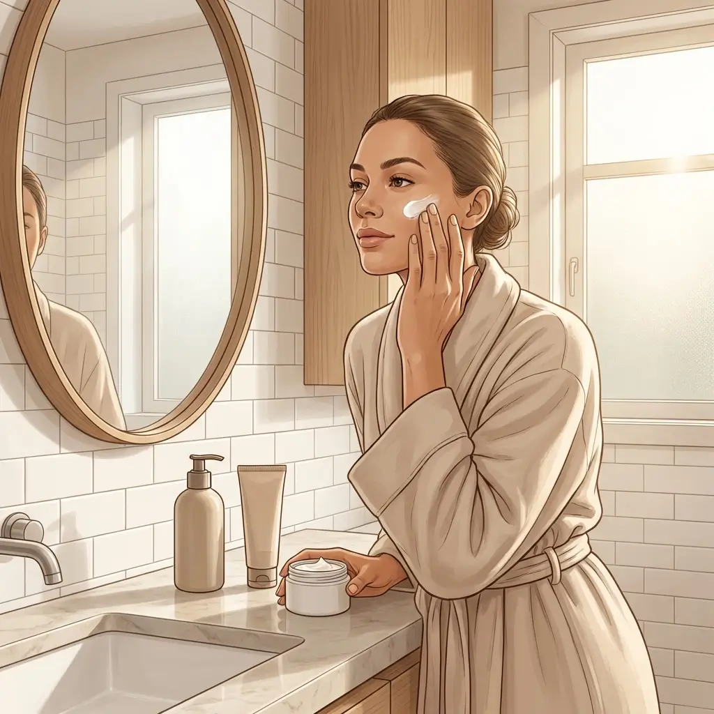 Woman applying moisturiser with only a cleanser and sunscreen beside her