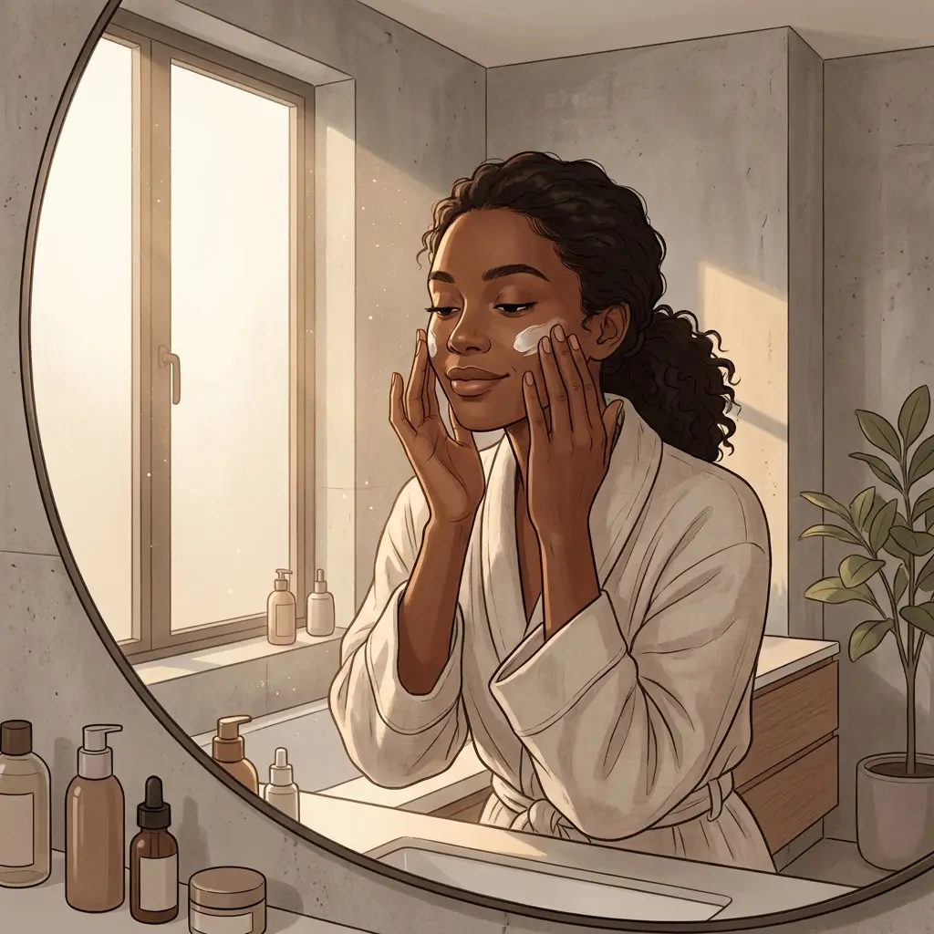 Woman applying sunscreen in bathroom mirror as part of daily routine