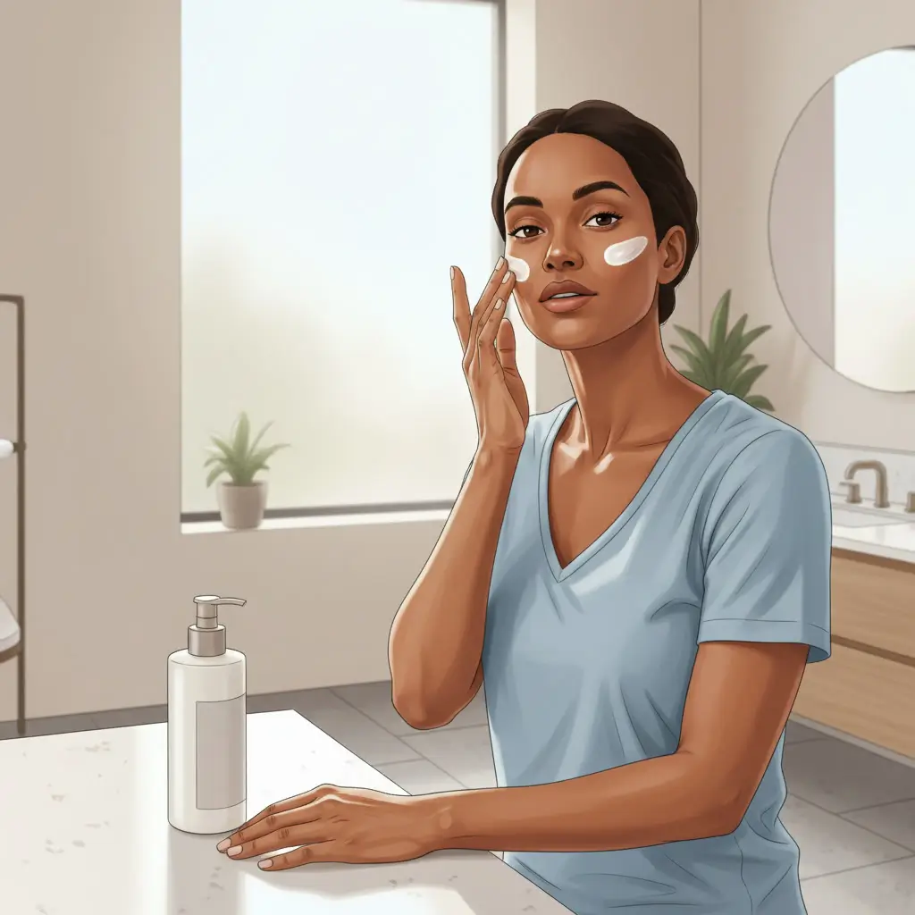 Woman applying sunscreen with a moisturiser beside her on the counter