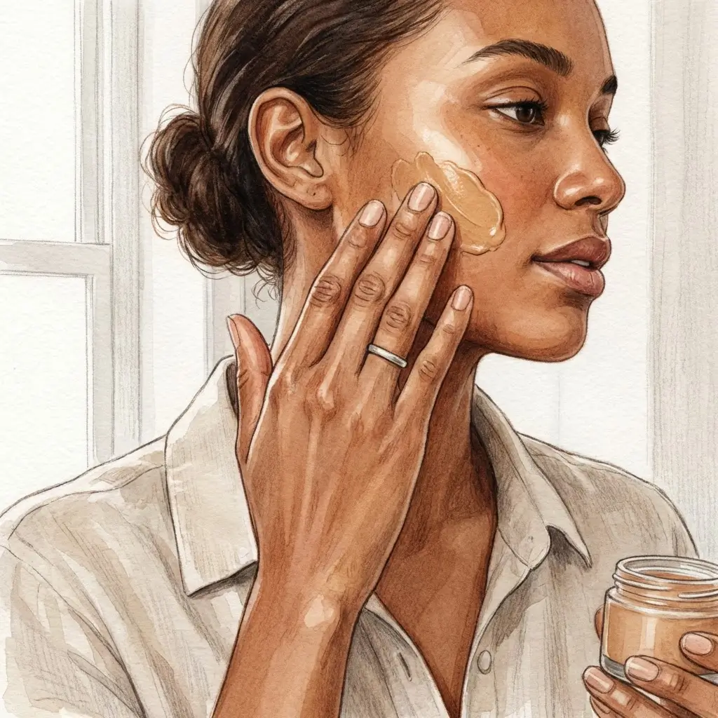 Woman applying tinted sunscreen that blends with her warm brown skin tone