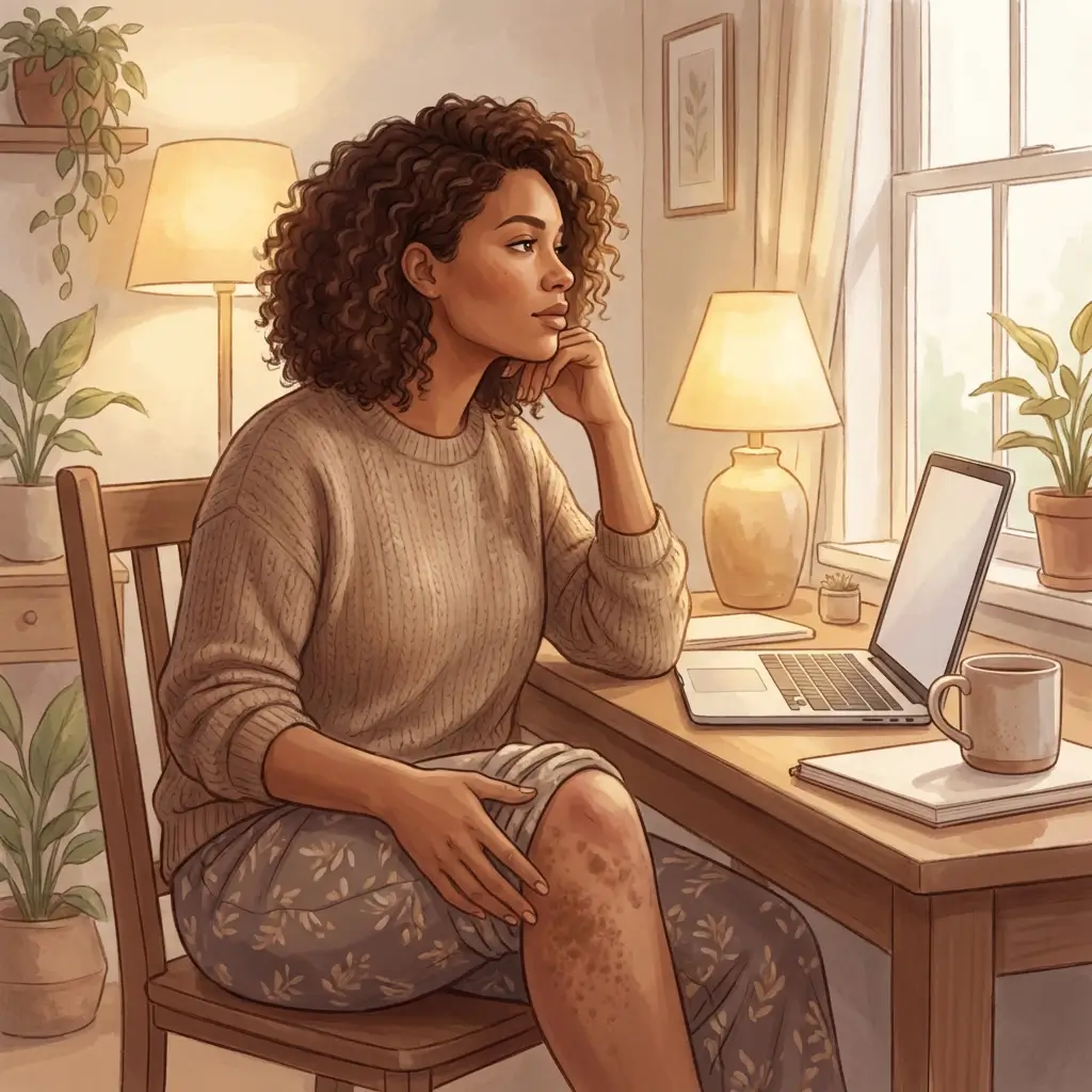 Woman at a desk with a laptop, subtle pigmentation visible on her thigh