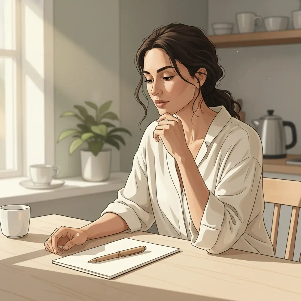 Woman at a kitchen table with a notebook in morning light