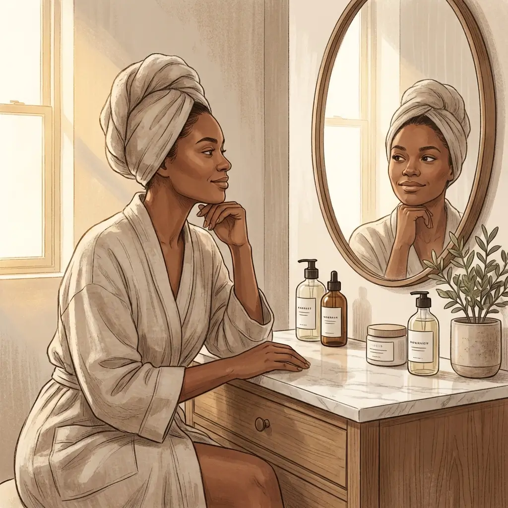 Woman at a vanity making calm, deliberate choices about her skincare approach