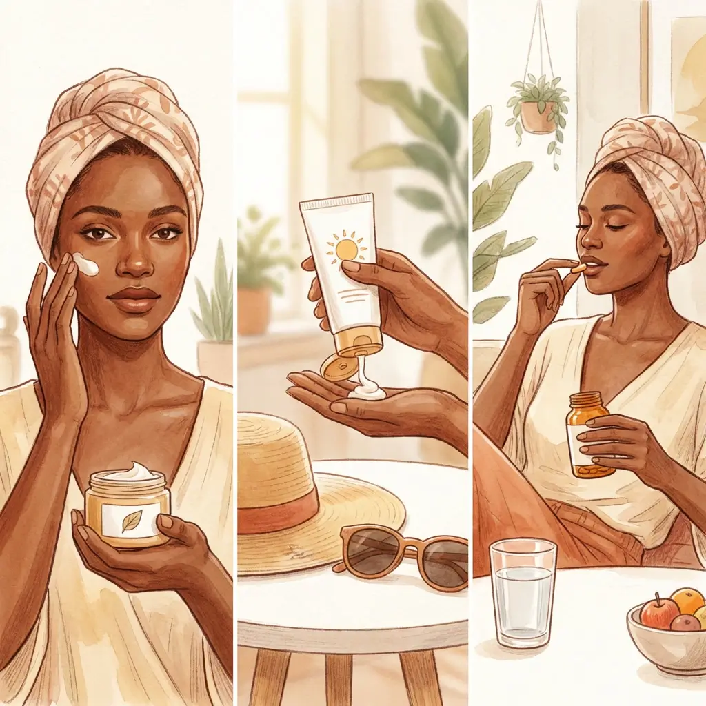 Woman at a vanity with a simple routine of moisturiser, sunscreen, and a supplement