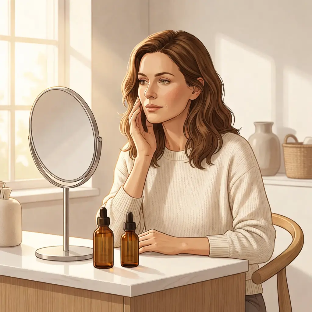 Woman at a vanity with tinted sunscreen and vitamin C serum side by side 
