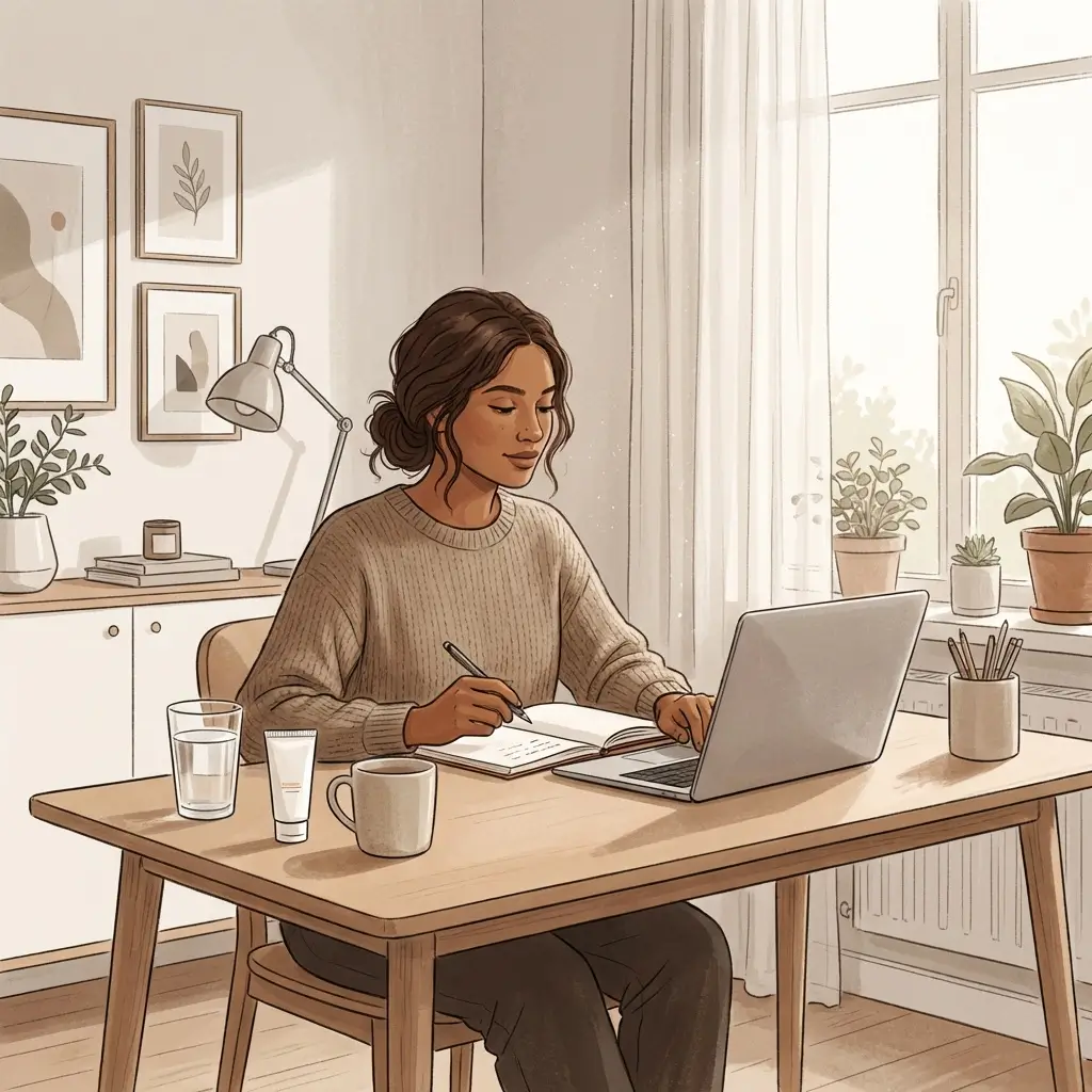 Woman at her desk with water and sunscreen nearby, positioned back from a window