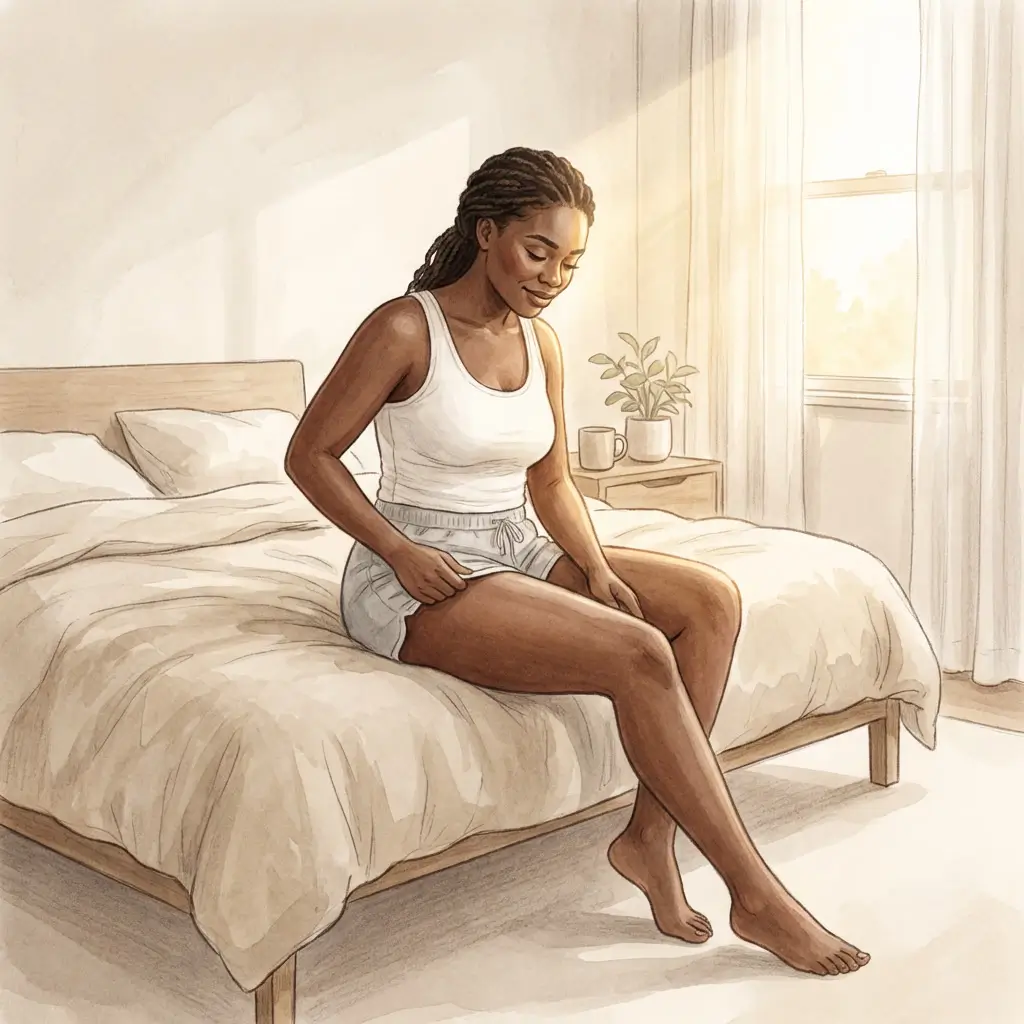 Woman calmly examining skin on her inner thigh