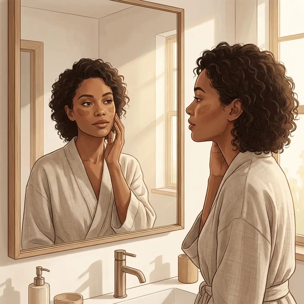 Woman calmly examining subtle melasma on her cheeks, connecting changes to her experience.