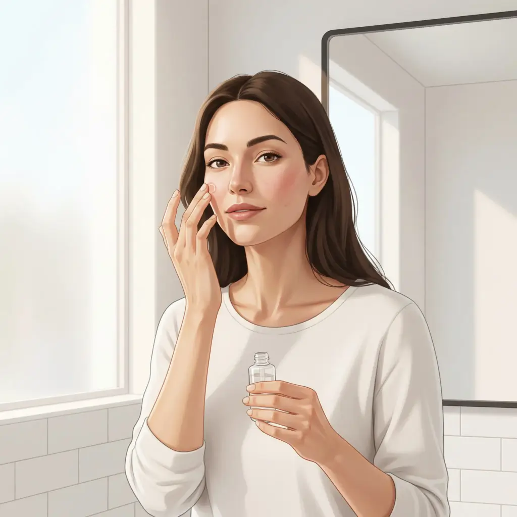 Woman carefully applying serum to a faintly uneven area of her cheek