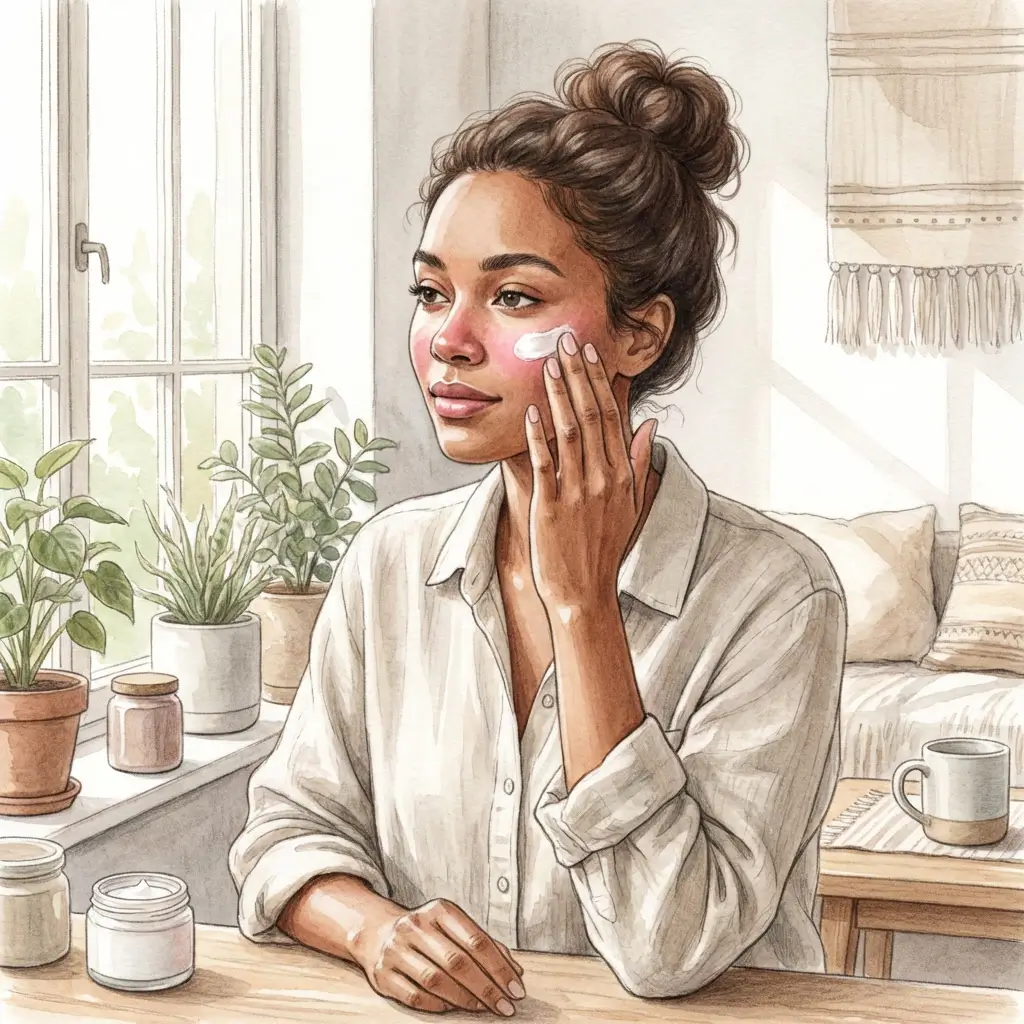 Woman carefully applying sunscreen to a healing complexion