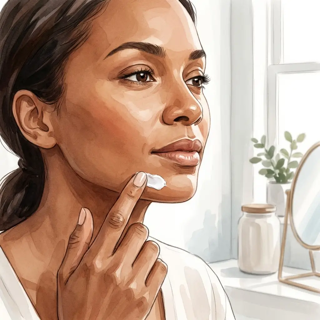 Woman carefully applying sunscreen to her jawline