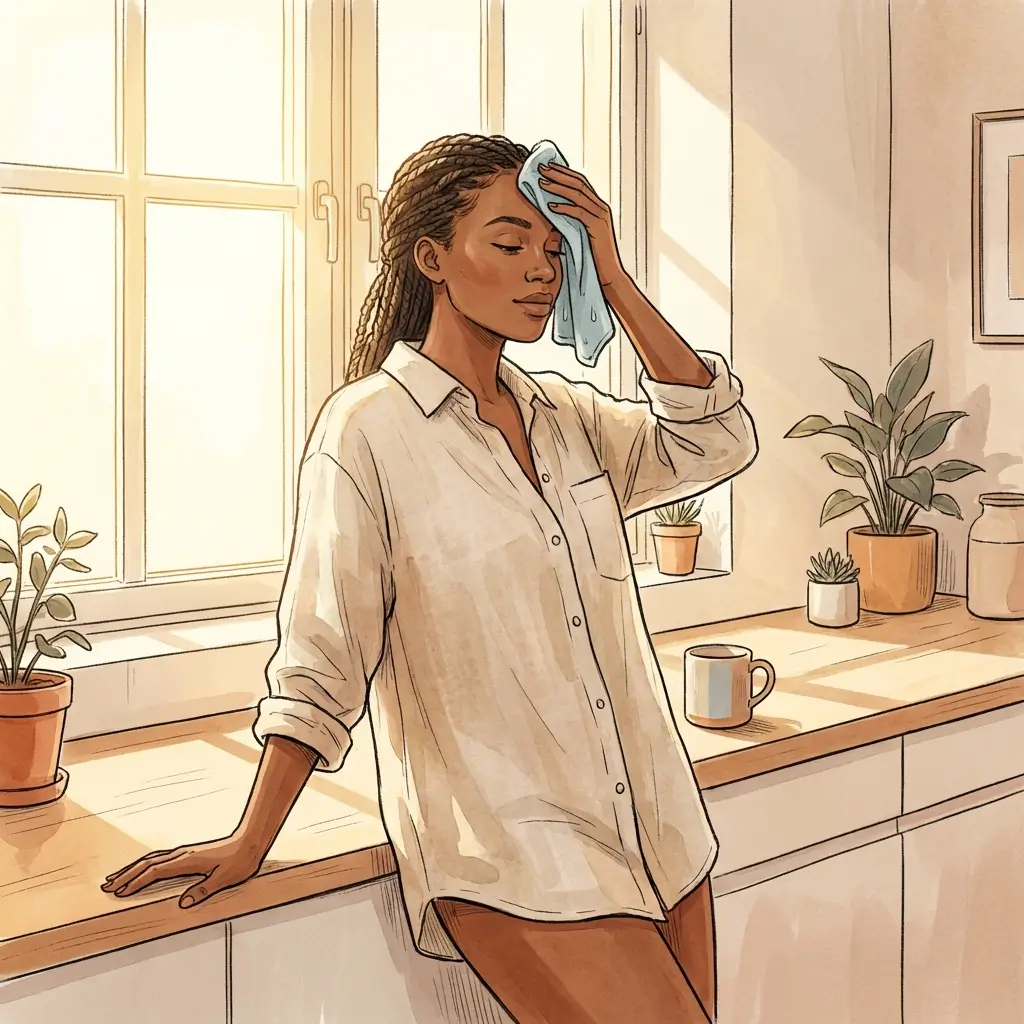 Woman cooling her face with a damp cloth after being outdoors.