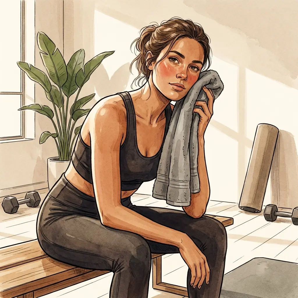 Woman cooling her face with a damp towel after exercise
