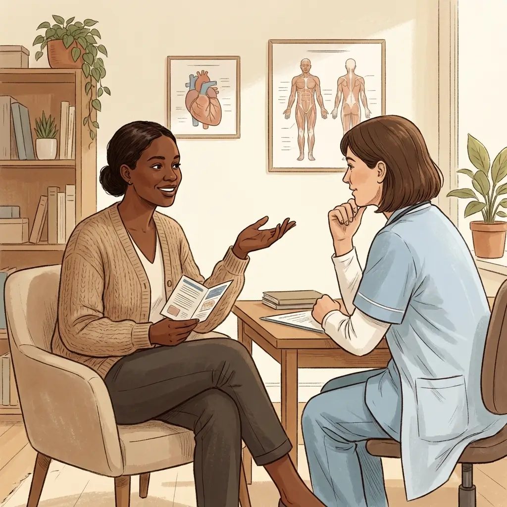 Woman discussing contraceptive options with her healthcare provider in a warm clinical setting