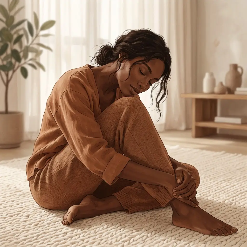 Woman doing gentle stretching in a calm, softly lit room