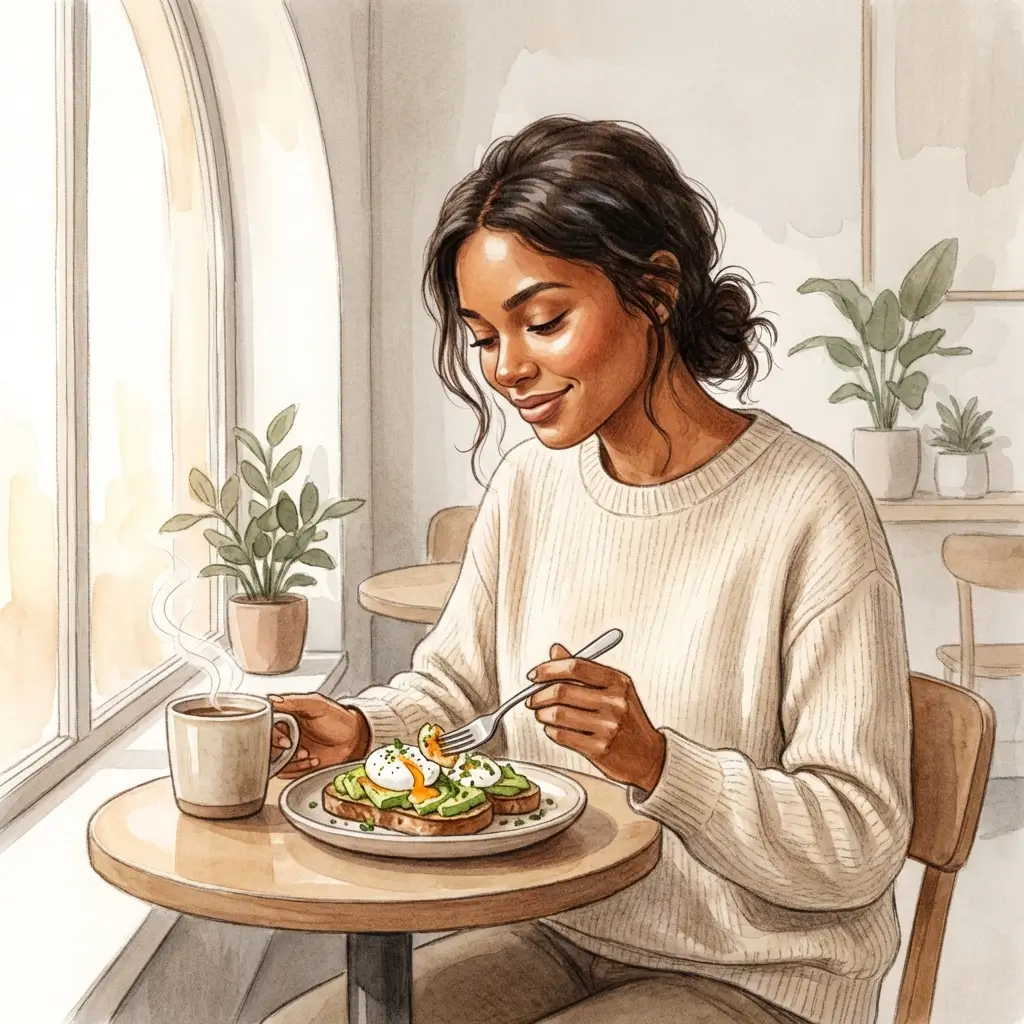 Woman eating at cafe table looking relaxed and present
