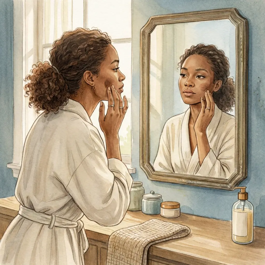 Woman examining a pigment change on her cheek in a bathroom mirror.