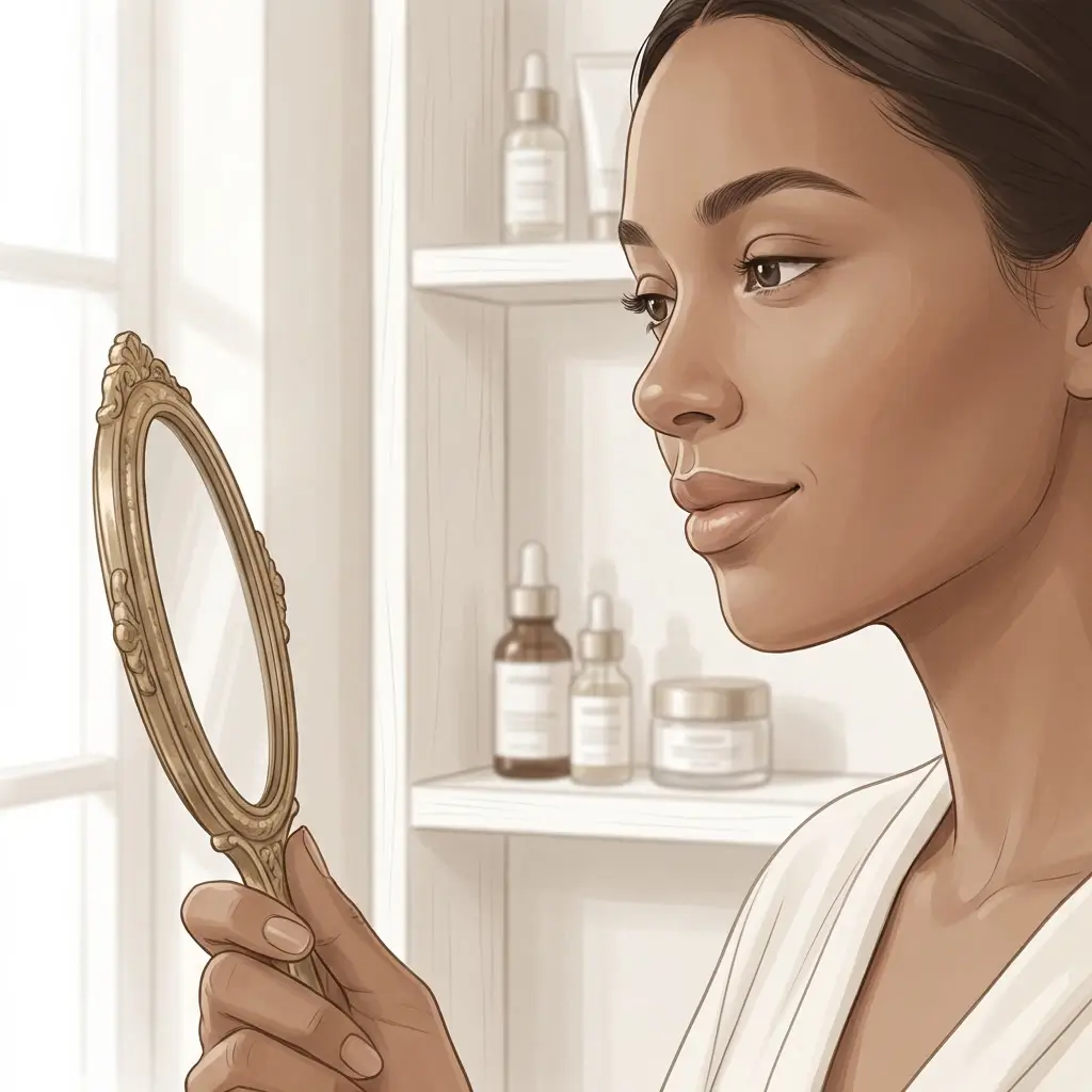 Woman examining her skin in a handheld mirror near a window