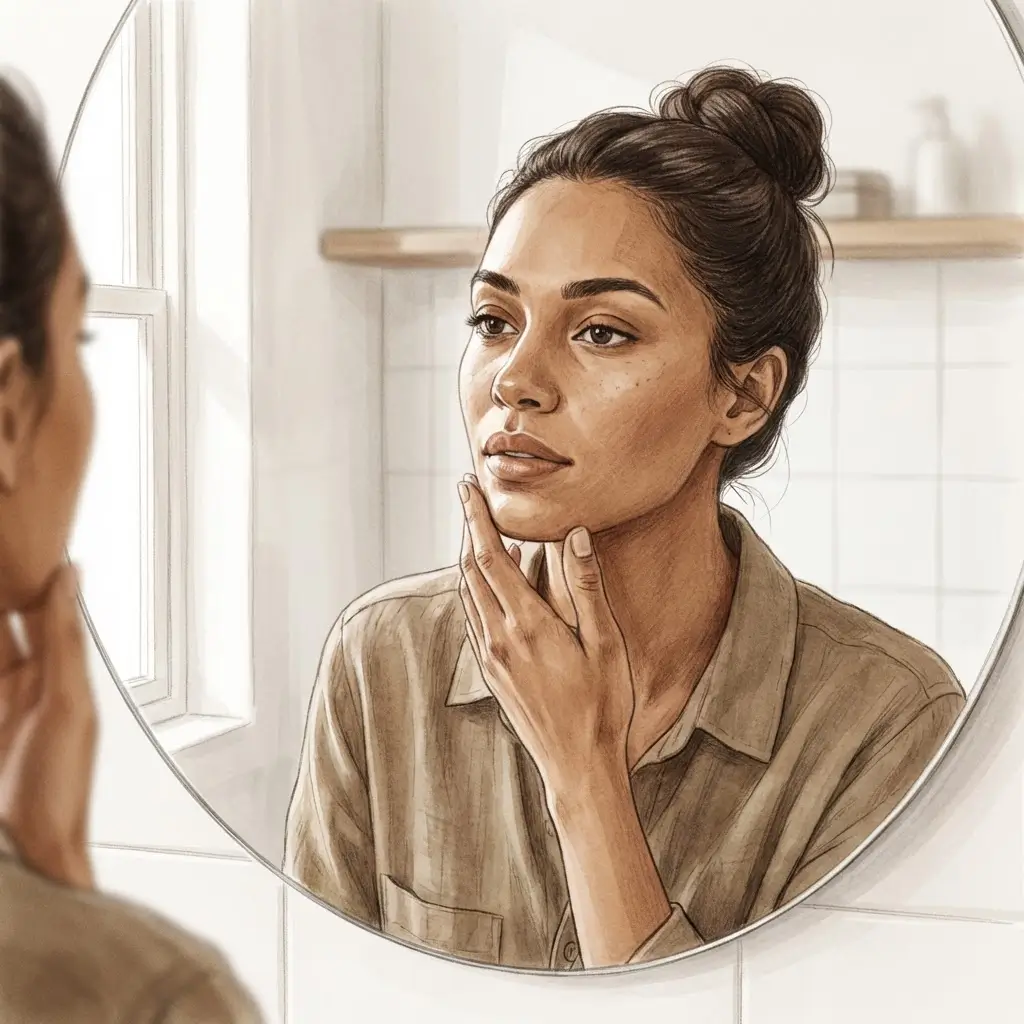 Woman examining jawline area in bathroom mirror