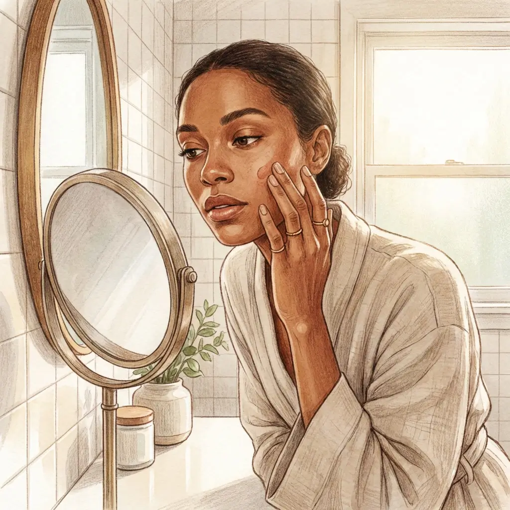 Woman examining pigment on her cheek in a well-lit mirror 