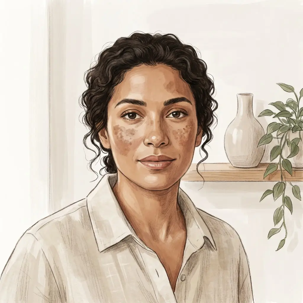 Woman examining symmetrical pigment patches across her cheekbones