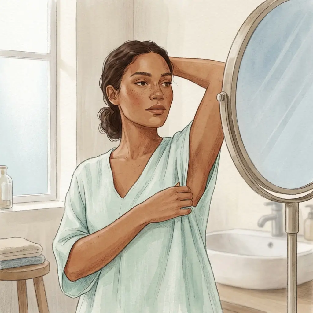 Woman examining underarm skin in a mirror 