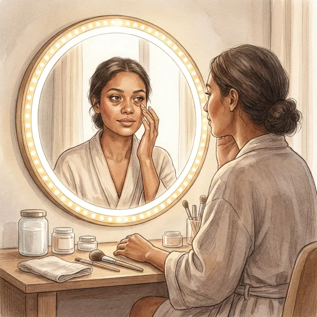 Woman gently stretching under-eye skin while examining dark circles in a mirror