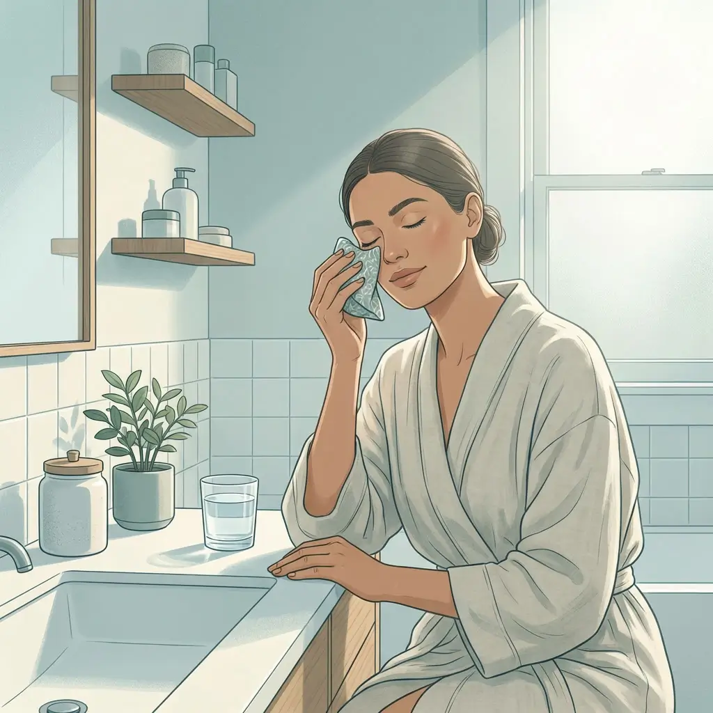 Woman holding a cool compress against her under-eye area