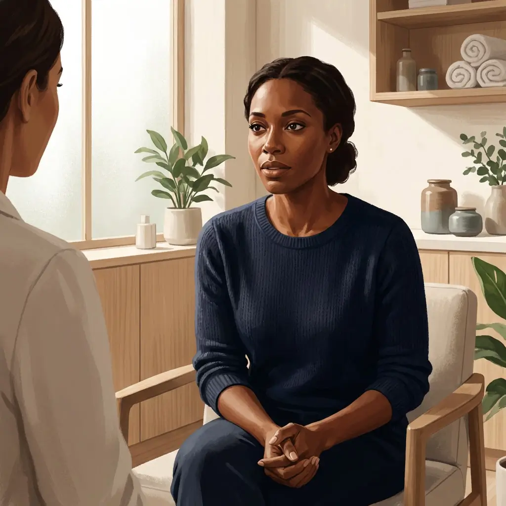 Woman in a consultation room listening attentively before a treatment decision