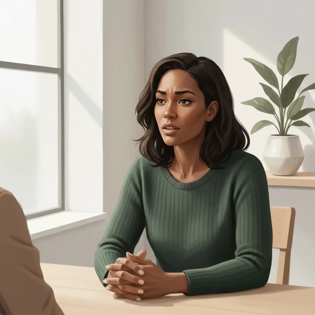 Woman in a consultation room listening with an evaluative expression 