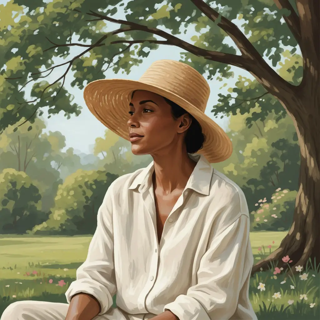Woman in a wide-brimmed hat in dappled shade with a calm expression