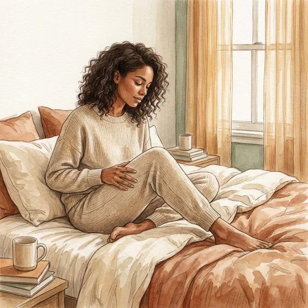 Woman in comfortable clothing sitting in a relaxed pose