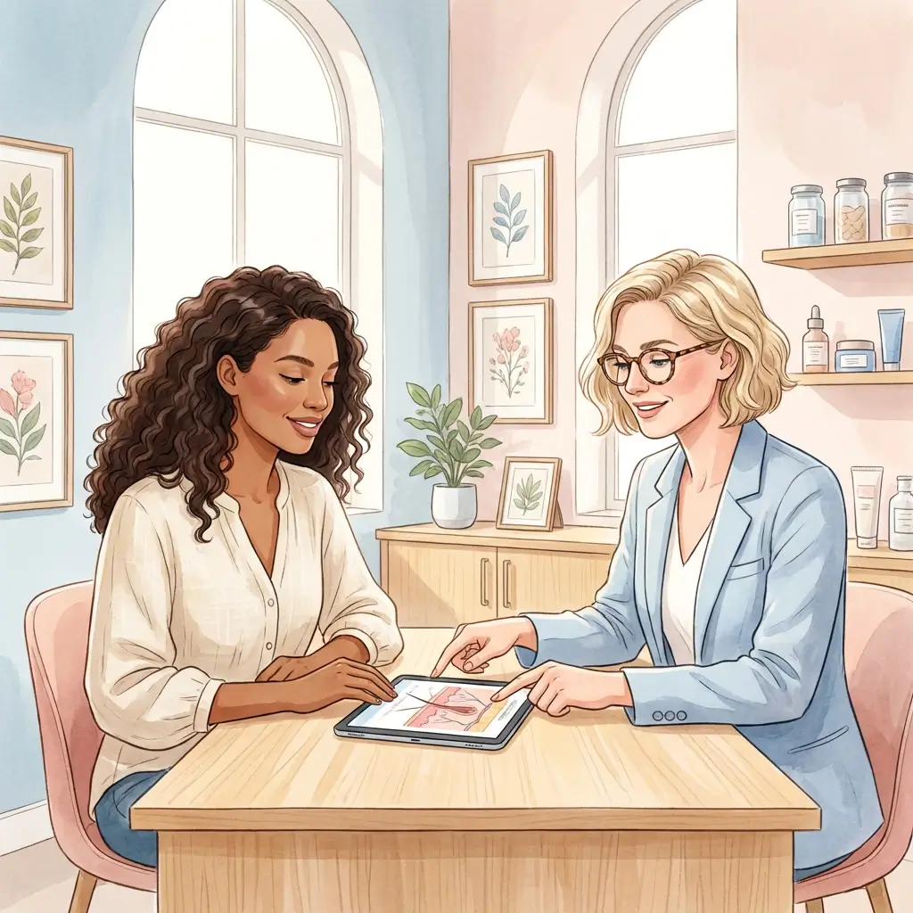 Woman in consultation with dermatologist looking at information together
