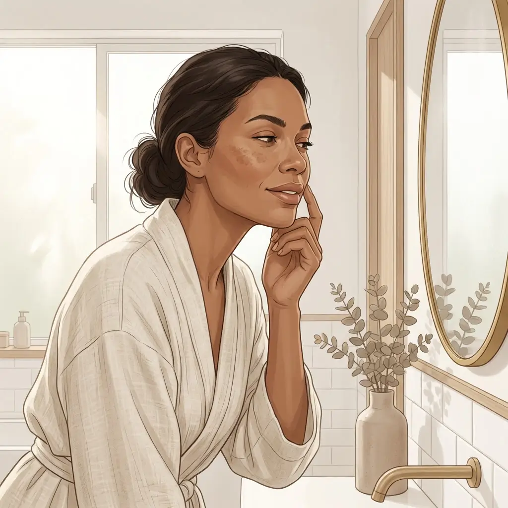 Woman in her early forties with medium-brown skin noticing new pigmentation in a bathroom mirror
