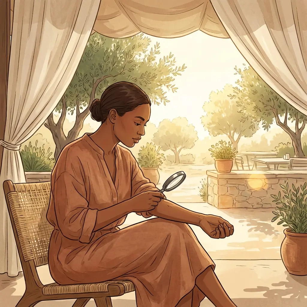 Woman in shade examining the skin on her forearm.