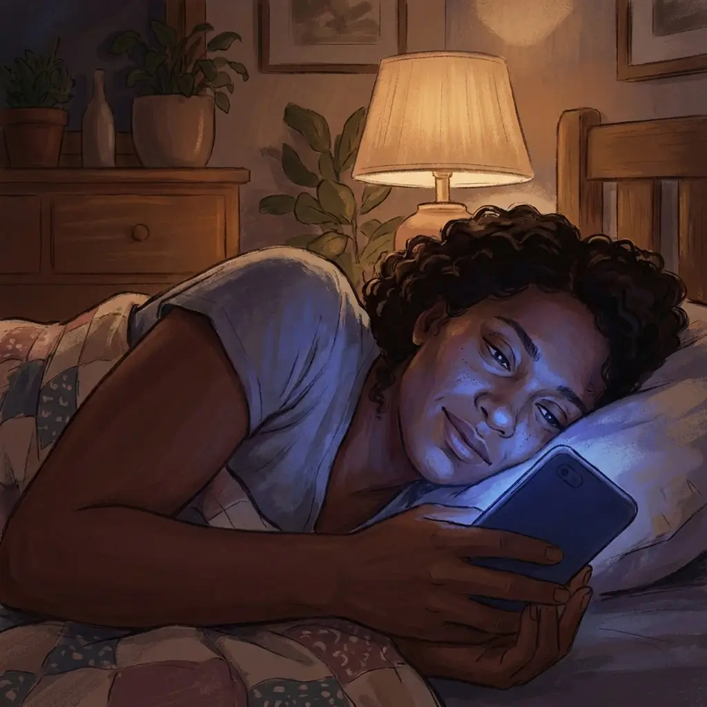 Woman lying in bed at night with face lit by blue phone screen glow