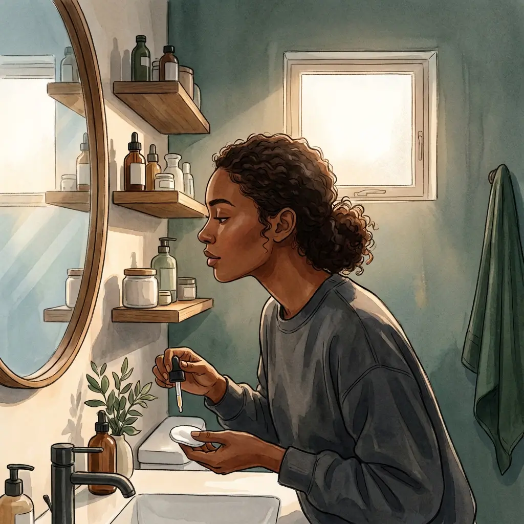 Woman mid-skincare routine looking calmly into a bathroom mirror