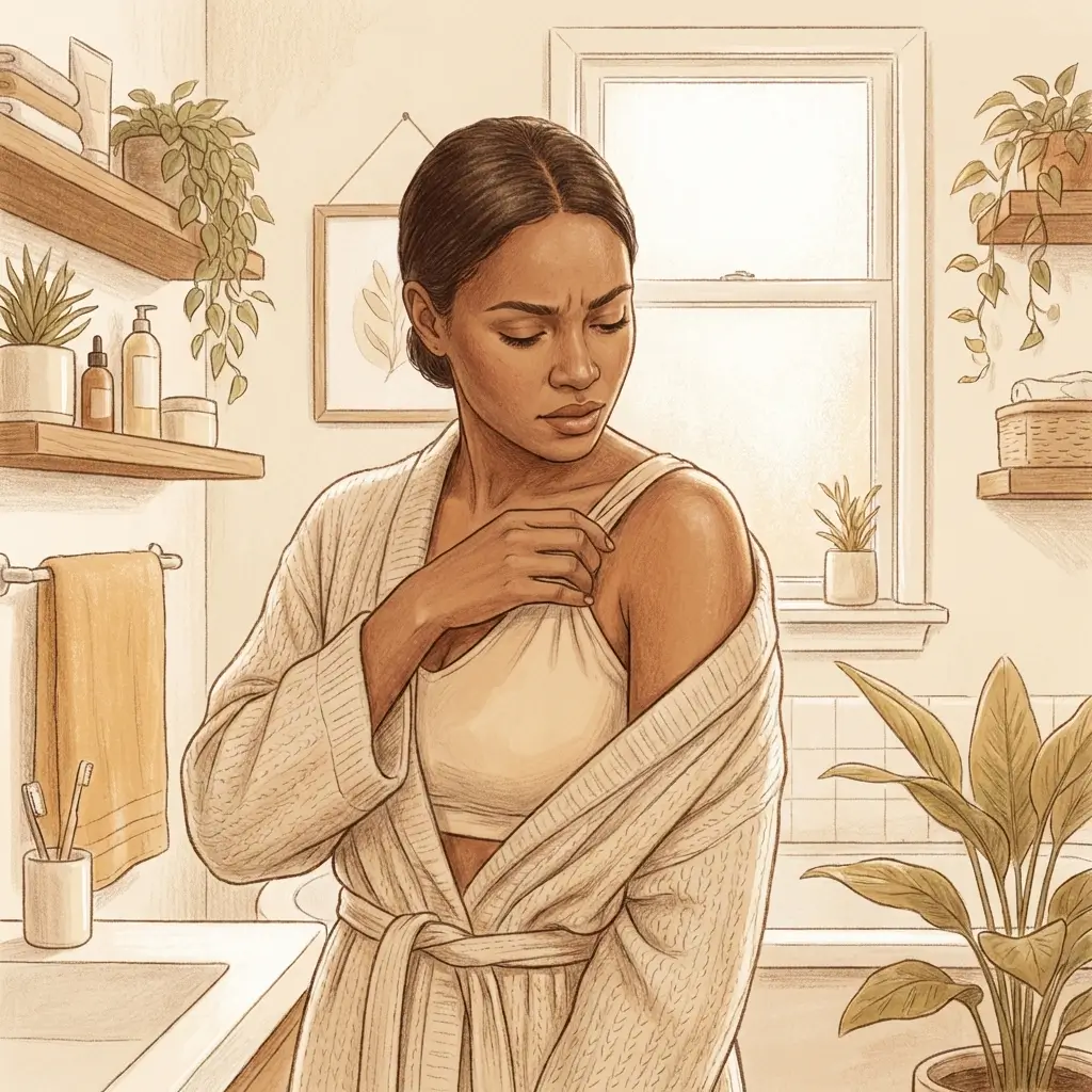 Woman noticing faint darkening where a bra strap sits on her skin